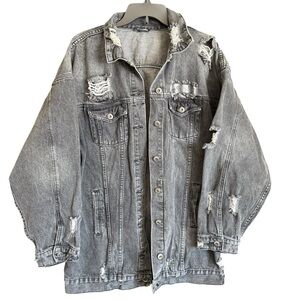 Fashion Nova Oversized Distressed Light Black Denim Jacket Size XL Streetwear